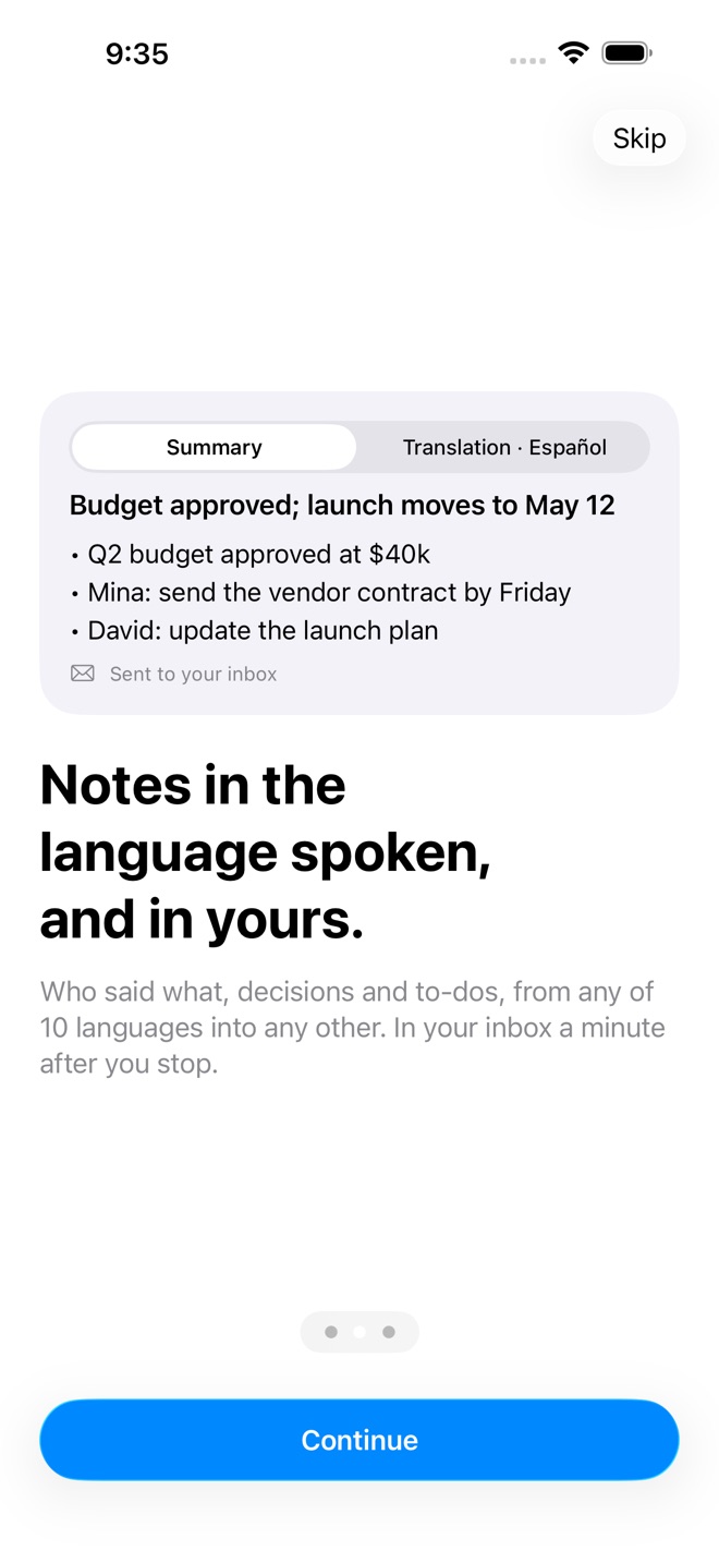 The iPhone welcome screen: notes in the language spoken, with a translation into yours