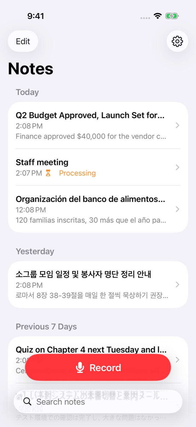 PeaceLingo on iPhone: notes grouped by Today and Yesterday, with a floating Record button