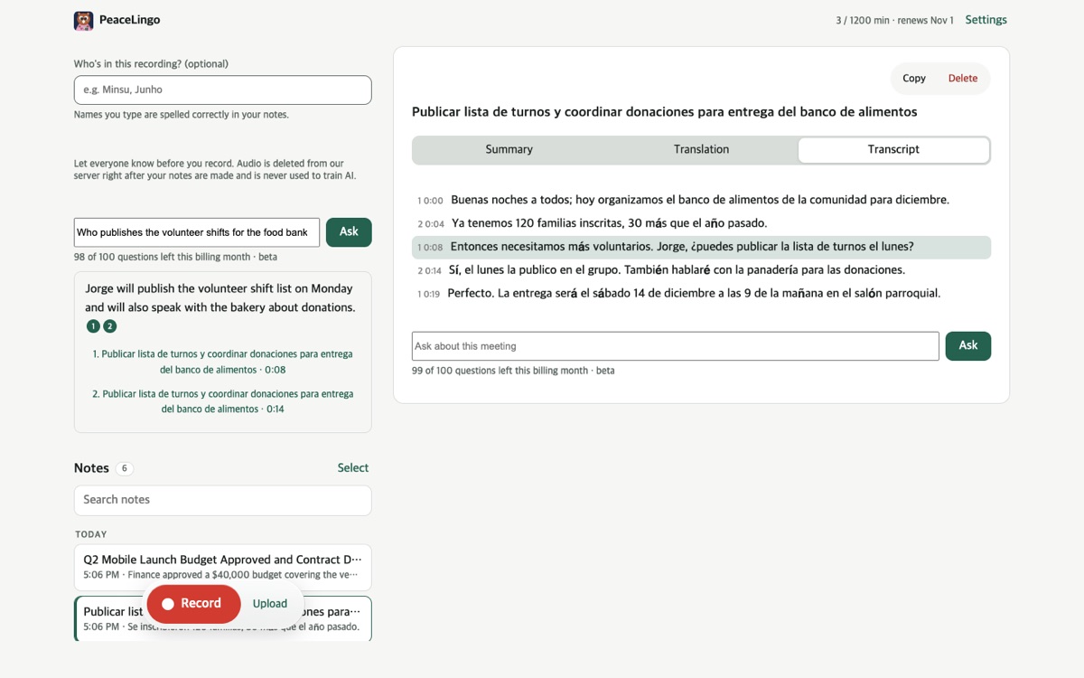 PeaceLingo on the web: a question in English about a Spanish food-bank meeting, answered in English with numbered citations that open the transcript at that moment